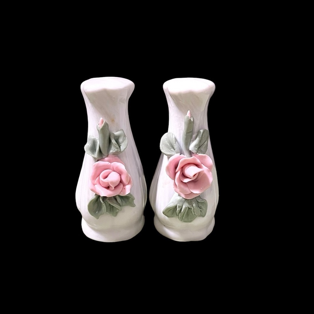 Vintage Porcelain Rosebud Salt and Pepper Shakers White/Pink